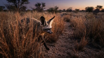 Naklejka premium Bat-Eared Fox in the Savannah Sunset: A bat-eared fox emerges from dry savanna grass during a golden sunset, its distinctive large ears poised and alert in the African wilderness.