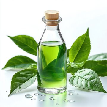 Glass bottle of vibrant green herbal oil with cork stopper surrounded by fresh green leaves and water droplets, evoking freshness and rejuvenation