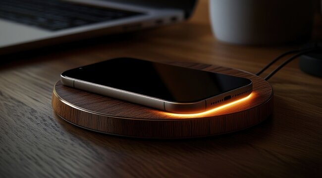 smartphone resting on a round wooden wireless charging pad emitting warm orange glow on a wooden desk beside a laptop and coffee mug, cozy modern workspace