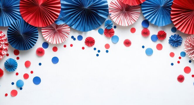 red blue and white paper rosettes and confetti on white background, festive celebratory mood