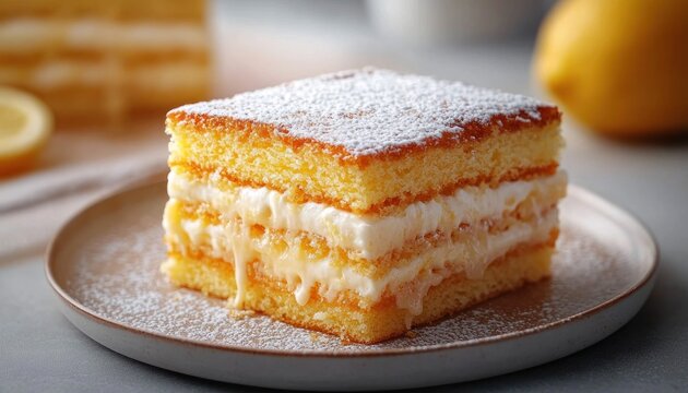 Square three-layer lemon sponge cake with creamy filling and dripping lemon curd, dusted with powdered sugar on a ceramic plate with blurred lemons, fresh and inviting