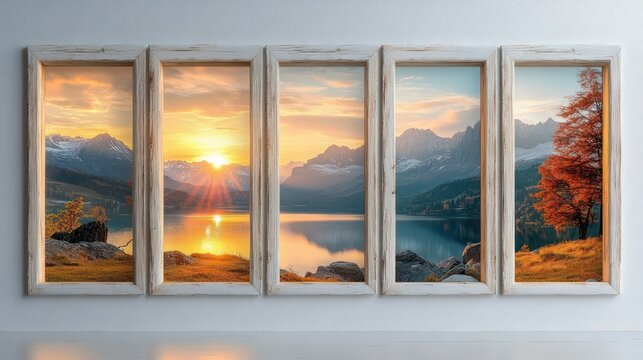 five rustic white wooden framed panels on a wall displaying a golden sunrise over a calm mountain lake with rocky shore, reflected light and an orange autumn tree, serene and peaceful