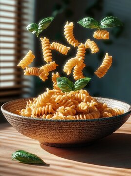 sunlit bowl of fusilli pasta with fresh basil leaves floating playfully above a ceramic bowl on a wooden table as window blinds cast warm striped shadows, inviting and lively mood
