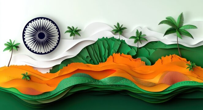 Layered paper-cut landscape in saffron, white and green with flowing hills, palm trees and a navy spoked circle, evoking a festive serene celebration