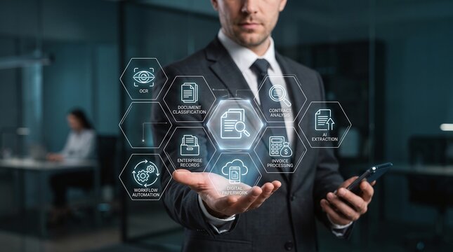 IT executive holding a holographic digital paperwork and document classification dashboard.