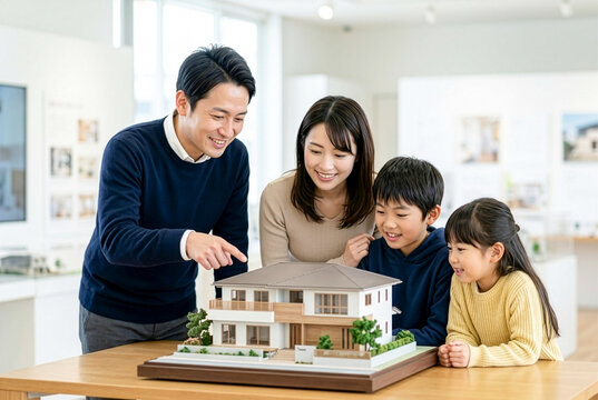 住宅模型を囲んで新築住宅の購入と家づくりをイメージする笑顔の家族｜夢のマイホーム・住宅購入のイメージ