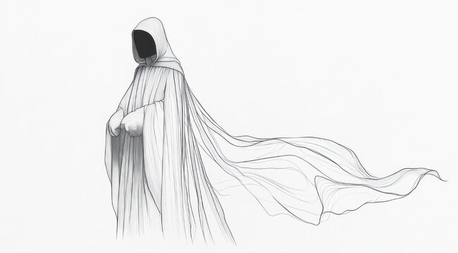 solitary hooded figure in a flowing translucent cloak with an empty dark face, ethereal and melancholic line-art illustration