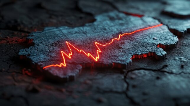 cracked dark earth slab with a glowing jagged red line like a heartbeat or fault, dramatic tense atmosphere of heat and rupture
