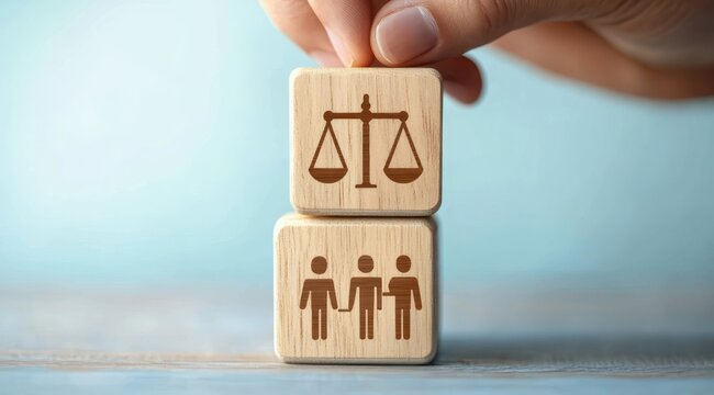 Hand placing a wooden block with scales of justice atop a block showing three human icons, conveying fairness, inclusion and support
