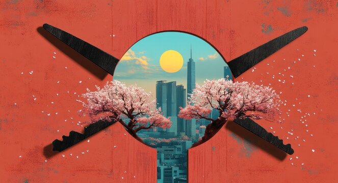 circular keyhole revealing modern city skyline at sunrise, framed by crossed black blades and pink cherry blossom trees with drifting petals against a textured orange wall, serene contrast