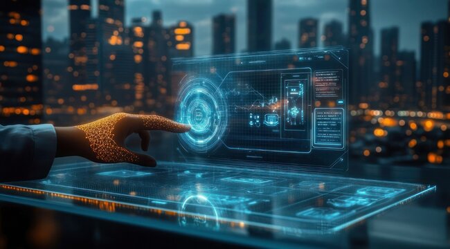 glowing patterned hand interacting with holographic transparent interface and virtual control panel over a reflective surface, blurred night city skyline, futuristic focused mood