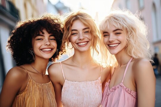 three young women in pastel summer dresses standing close on a sunlit city street, joyful and carefree with warm backlight and soft golden glow