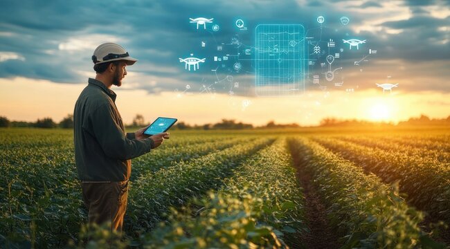 Farmer in a crop field wearing augmented reality glasses and holding a tablet while monitoring drone icons and data overlay above rows of green plants at sunset, focused and optimistic