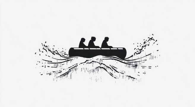 three paddlers in a canoe on stylized splashing waves with birds and ink grunge texture conveying teamwork and dynamic motion