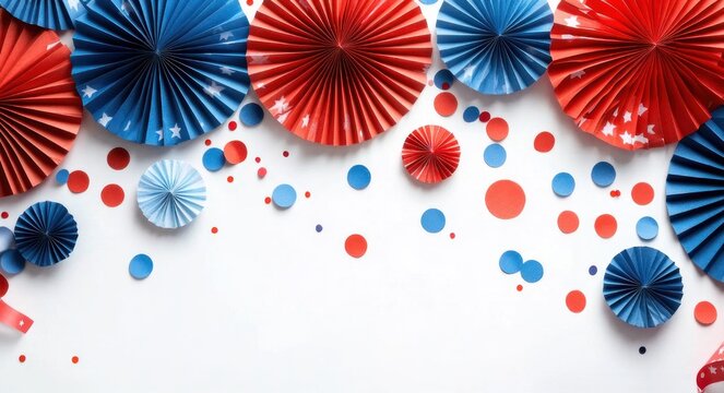red and blue star-accented paper rosettes and scattered confetti dots on white background conveying bright festive celebratory mood