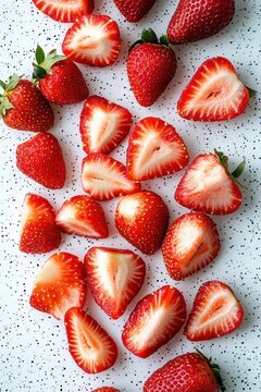 Fresh red strawberries, whole and halved, arranged on a speckled white surface &mdash; bright, juicy, and appetizing summer fruit