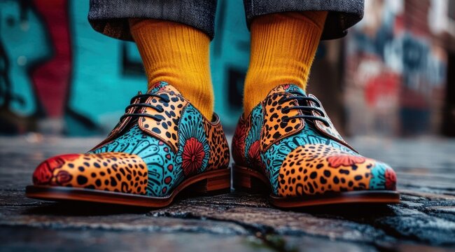 close-up of vibrant patterned dress shoes with leopard and floral motifs, bright yellow socks and cropped trousers on cobblestone street with graffiti, playful confident mood