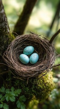 Three speckled blue eggs resting in a woven bird nest on a mossy branch surrounded by soft green foliage, a serene and tender woodland scene