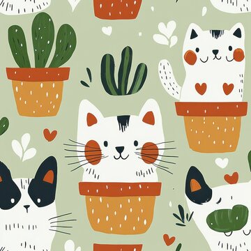 playful seamless pattern of smiling cartoon cats peeking from terracotta plant pots with succulents, hearts and leaves on a soft green background
