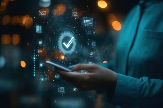 Hand holding smartphone projecting holographic circular check mark and floating app icons over blurred city lights, conveying secure confident digital approval
