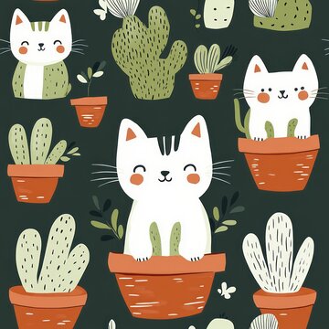 happy white cats sitting in terracotta pots among potted cacti and succulents in a whimsical repeating pattern
