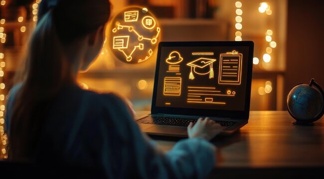 Person studying at a laptop with glowing online learning icons on the screen, warm bokeh lights, desk globe and a cozy focused evening atmosphere