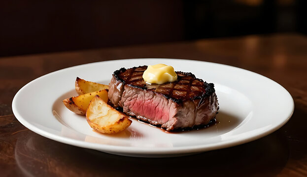 Grilled medium-rare steak with butter and crispy potato wedges on white plate PNG, 4K, HD Image