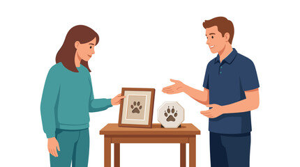 Obraz premium Flat vector illustration of a young couple viewing pet memorial paw print frames and plaques for grieving remembrance