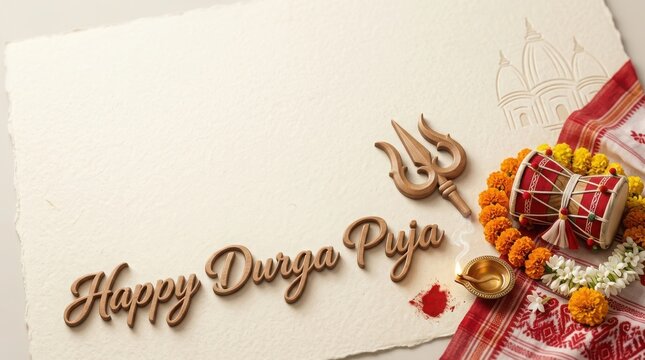 Happy durga puja text with trishul and drum on textured paper for hindu religious festival greeting card background art.