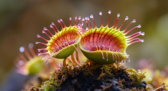 Two carnivorous sundew leaves with glistening sticky droplets on mossy soil, close-up macro shot conveying delicate, enchanting wonder
