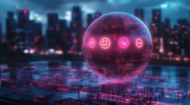 glowing neon digital orb with emoticon, checkmark, and ellipsis icons hovering above a circuit board platform with a blurred futuristic city skyline at night, playful futuristic mood