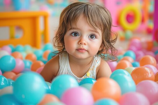 young child with curly hair in white sleeveless top playing joyfully in a colorful ball pit filled with turquoise pink and orange plastic balls in an indoor playroom