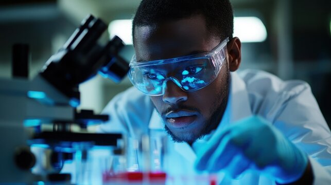 Scientist intently observes a specimen through a powerful microscope in a modern laboratory, wearing protective goggles and a lab coat, symbolizing focused research, scientific discovery,.