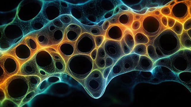 Glowing porous organic mesh of interconnected holes and delicate filaments with blue and orange gradient, dark voids and a mysterious futuristic energy