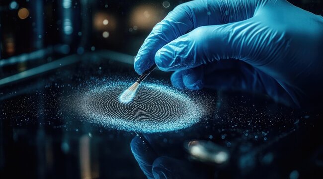 Gloved hand dusting white powder with a soft brush to reveal a fingerprint on reflective glass, meticulous focused forensic examination
