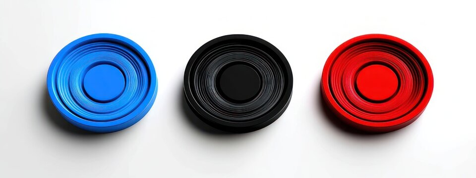 three glossy concentric circular discs in blue, black, and red on a white background, minimalist bold composition with playful symmetry