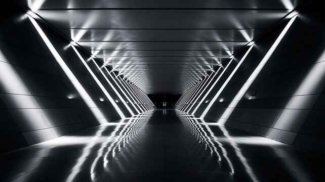 Futuristic dark corridor with geometric light patterns