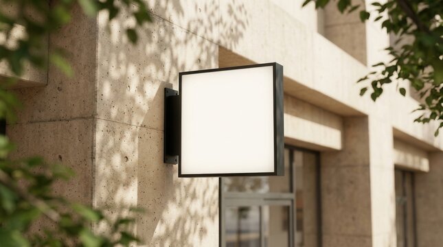 Square light box empty display mock up mounted on an outdoor beige concrete wall