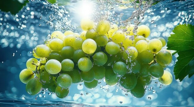 sunlit cluster of green grapes submerged in sparkling water with rising bubbles, glistening fruit and vine leaves conveying fresh vibrant refreshment