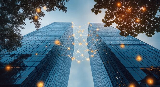 Two glass skyscrapers seen from below framed by trees with a glowing geometric network of connected nodes and floating lights conveying futuristic connectivity and innovation