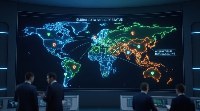 Futuristic digital display wall screen showing a global cyber threat world map with glowing data connection nodes and traffic analytics networks.