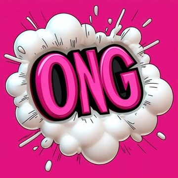 Bold pink 3D letters ONG bursting from a white comic cloud with dynamic action lines on a vibrant magenta background, playful energetic pop art explosion