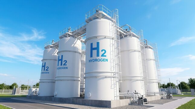 Clean energy symbolism featuring white hydrogen storage tanks with blue H2 labels and a cloudy blue sky, 3D Rendering.