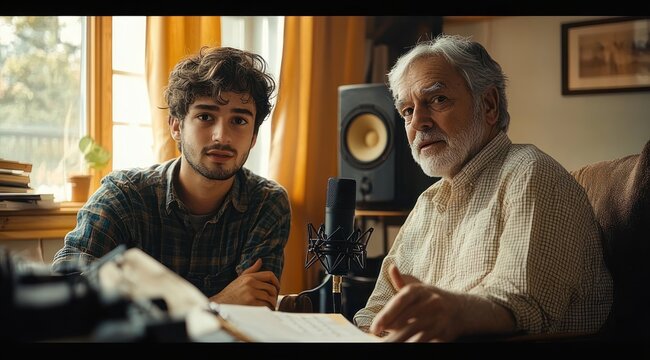 Two people recording a relaxed, intimate conversation in a sunlit home studio with a microphone, papers, studio monitor speaker and warm golden curtains