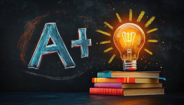 glowing light bulb with drawn rays on a stack of colorful books beside a chalkboard with a circled A plus, evoking inspiration and academic pride