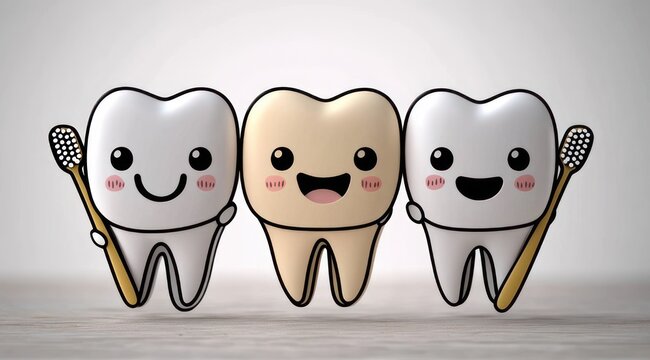 Three smiling cartoon teeth with rosy cheeks standing on a neutral surface, two holding toothbrushes while the center tooth is slightly stained but cheerful