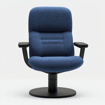 Blue upholstered swivel armchair with black armrests and round pedestal base on white background, cozy and inviting