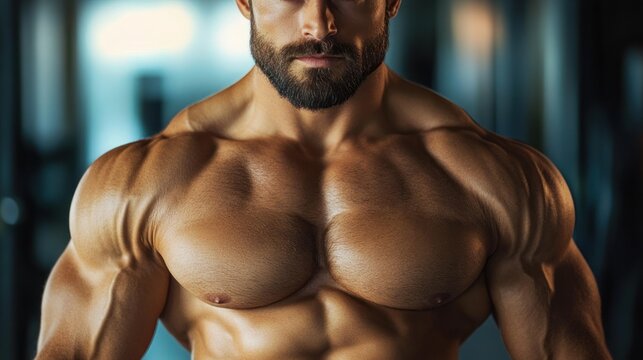 shirtless muscular male torso with sculpted chest, shoulders and abs in a gym setting, dramatic lighting conveying strength and confidence