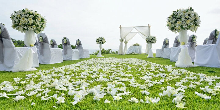 Glorious open air coastal matrimonial ceremony venue featuring green lawn aisle strewn with white petals leading toward canopy arch decorated with floral stands