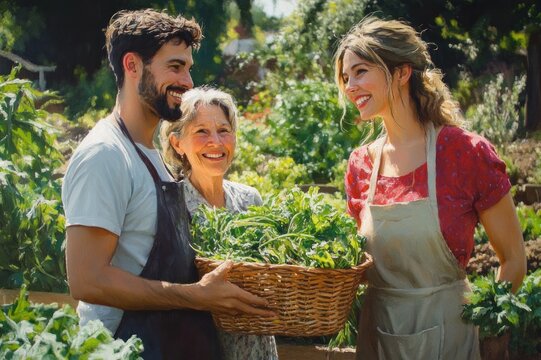 three gardeners in aprons sharing a wicker basket of fresh leafy greens in a sunlit vegetable garden, smiling and working together in a warm joyful harvest moment